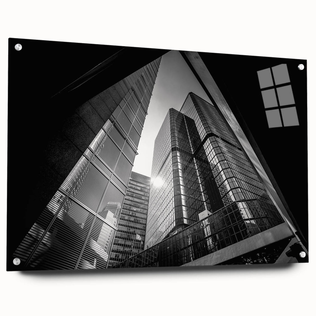 Large abstract wall art in muted gray and blue tones on acrylic glass, ideal for modern bedroom or dining room ambiance.