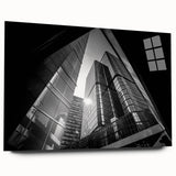 Large abstract wall art on acrylic glass, featuring swirling blue and gray tones, ideal for bedroom or dining room decor.
