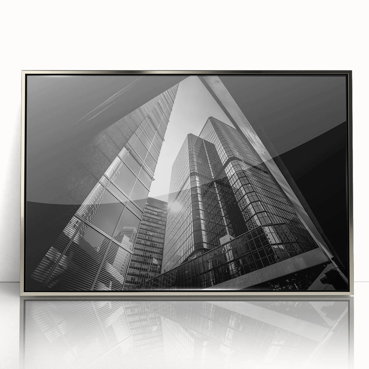 Art deco style poster featuring geometric shapes in silver and black, acrylic framed, ideal for modern art wall decor.