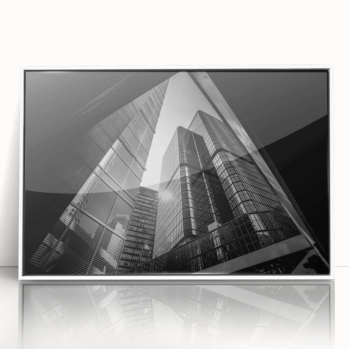 Large framed acrylic print of mid-century modernist abstract architecture in monochrome, ideal for modern art wall decor.