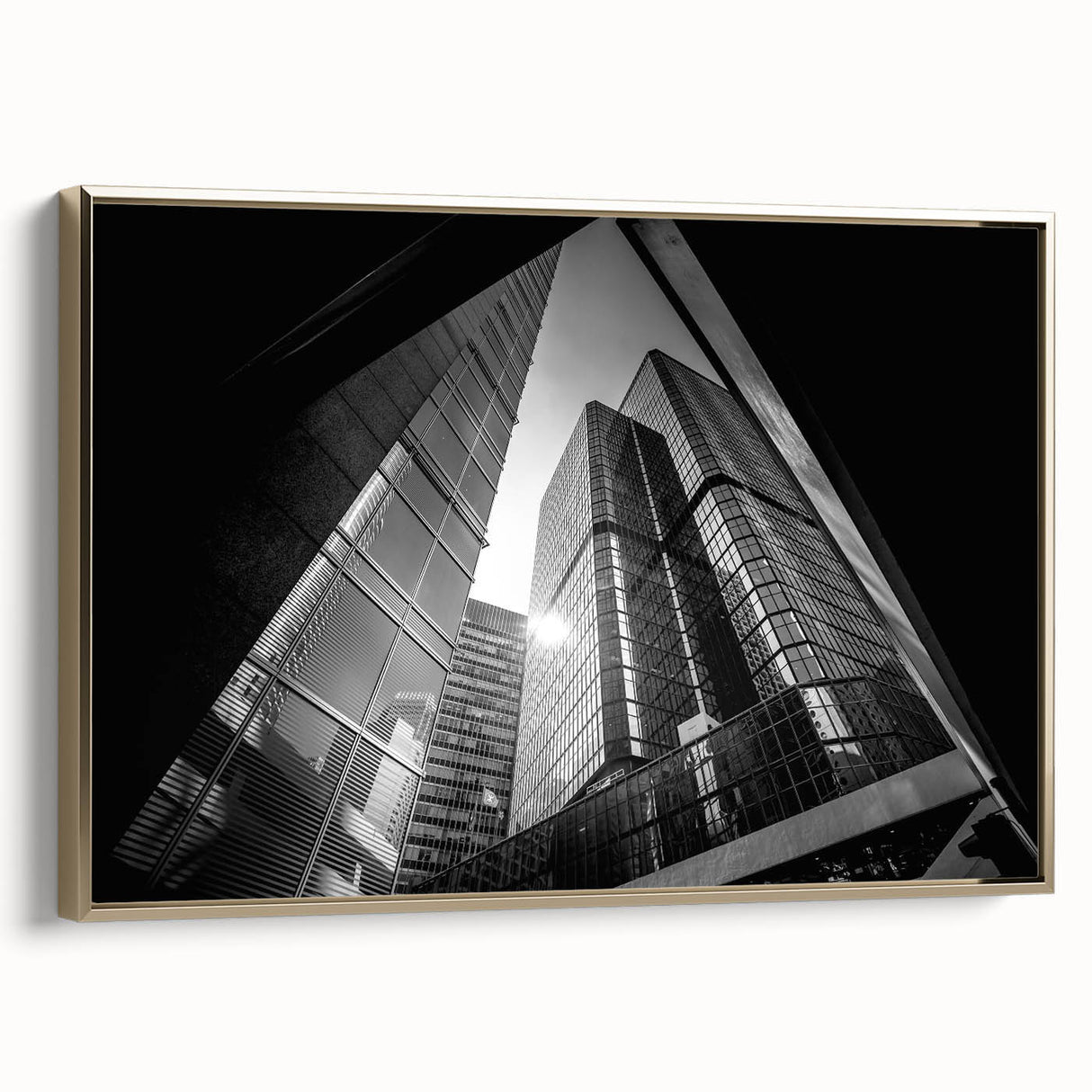 Framed canvas landscape art painting featuring a vibrant abstract design in gold, ideal for enhancing a modern living room.