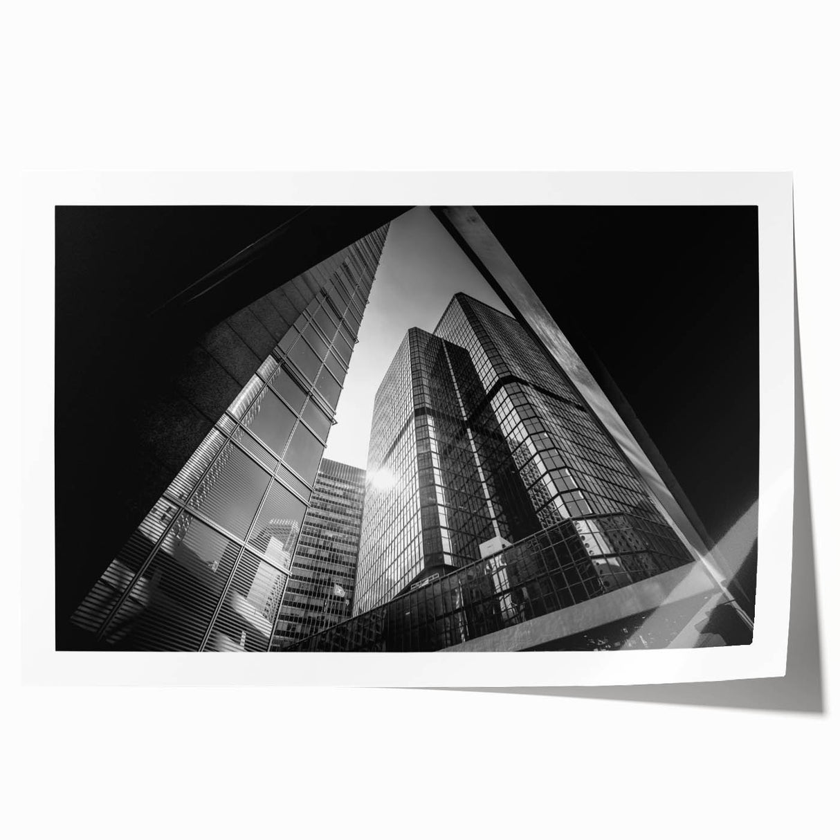 Abstract architecture print in muted gray and blue tones on rolled canvas, suitable for art wall dining room.
