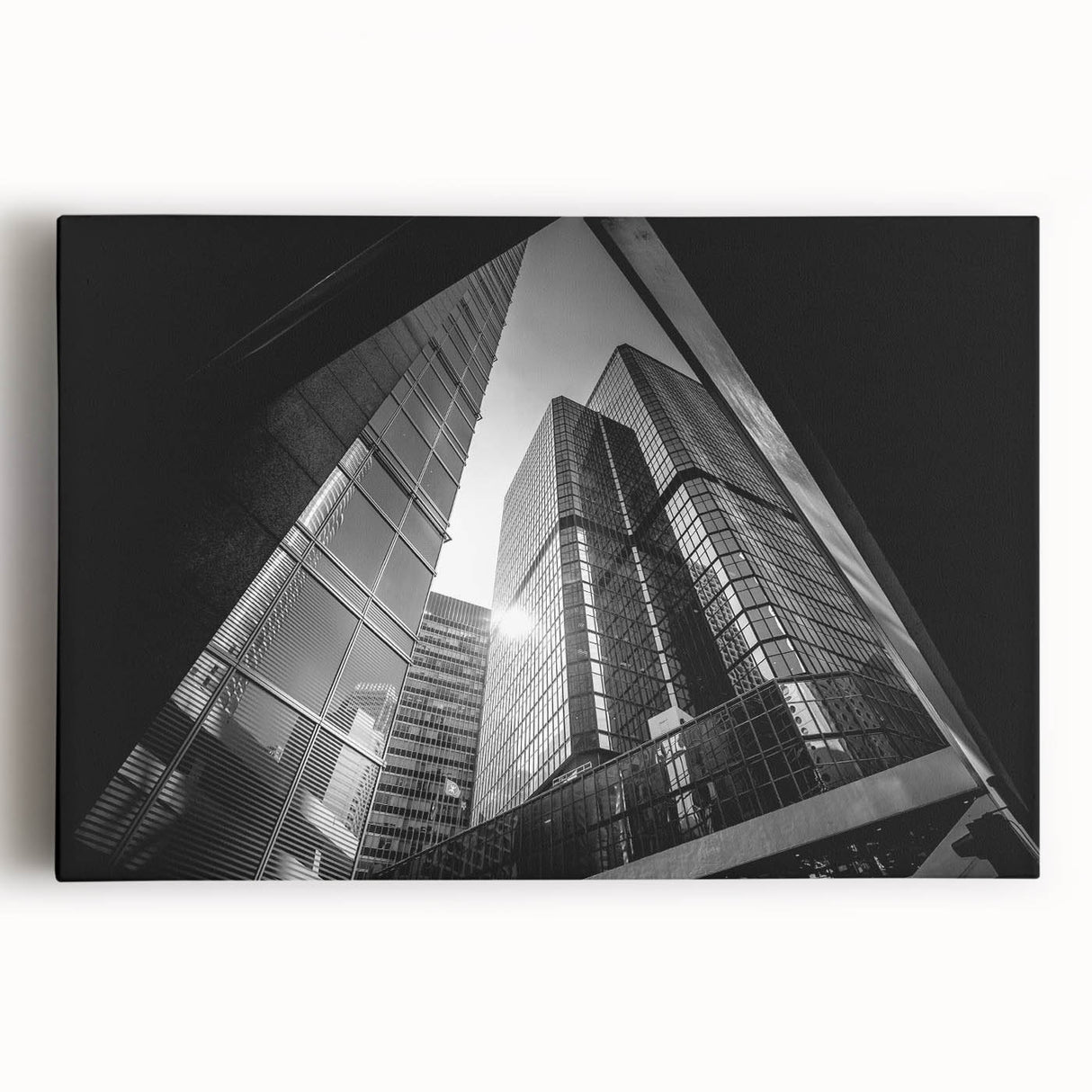 Large black and white abstract architectural design on stretched canvas, suitable for kitchen wall art.
