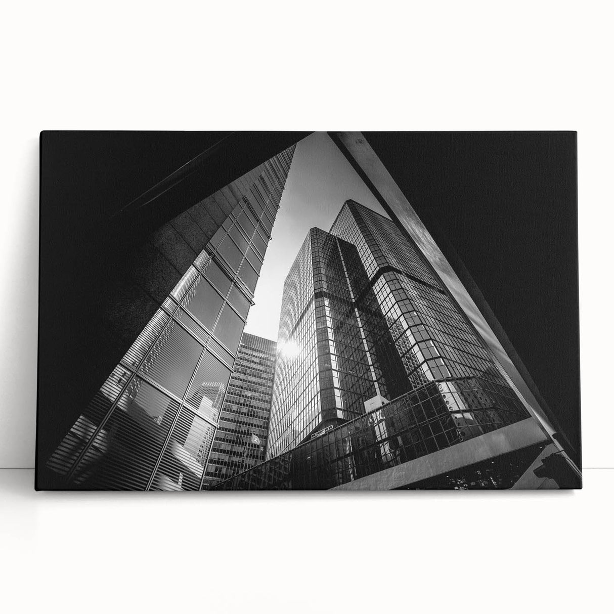 Large black and white abstract architectural print on stretched canvas, ideal for kitchen wall art or bedroom ambiance.