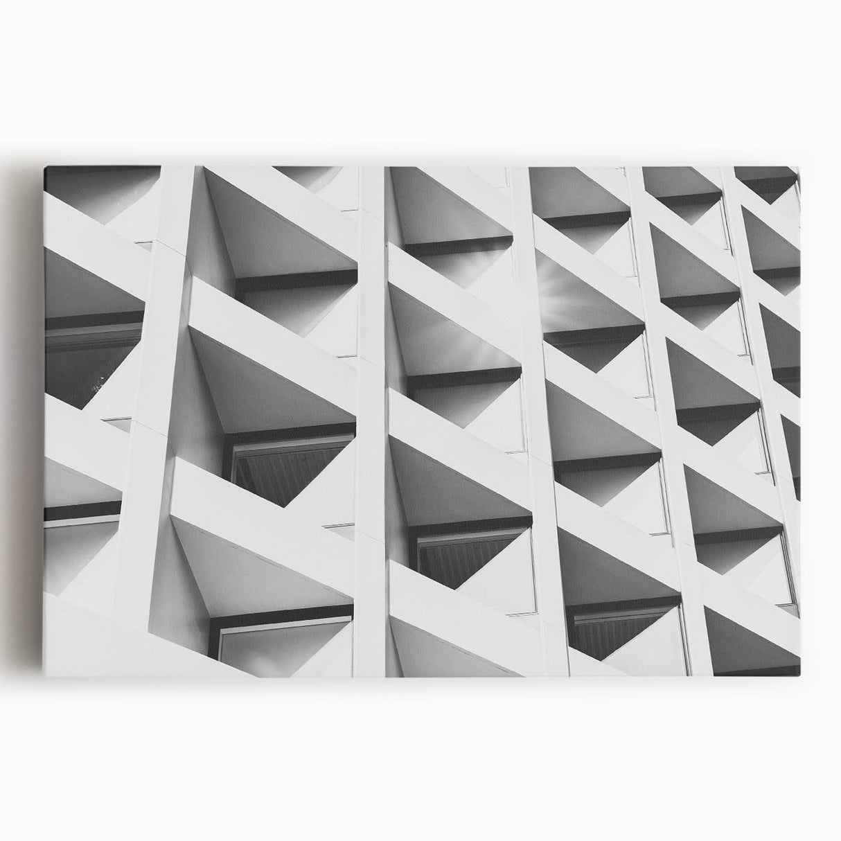 Large black and white abstract architectural design on stretched canvas, ideal for kitchen wall art.