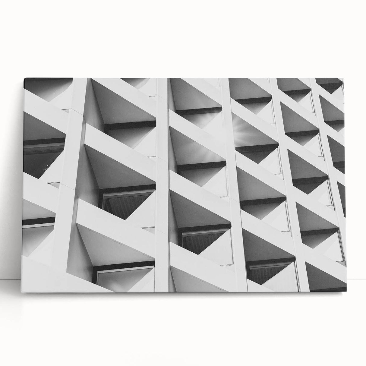 Large black and white abstract architecture print on stretched canvas, ideal for kitchen wall art or bedroom ambiance.