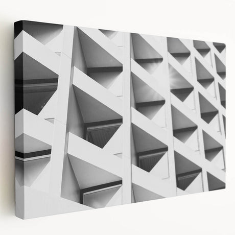 Abstract architectural design in muted gray and blue tones on a large stretched canvas, suitable for kitchen wall art.
