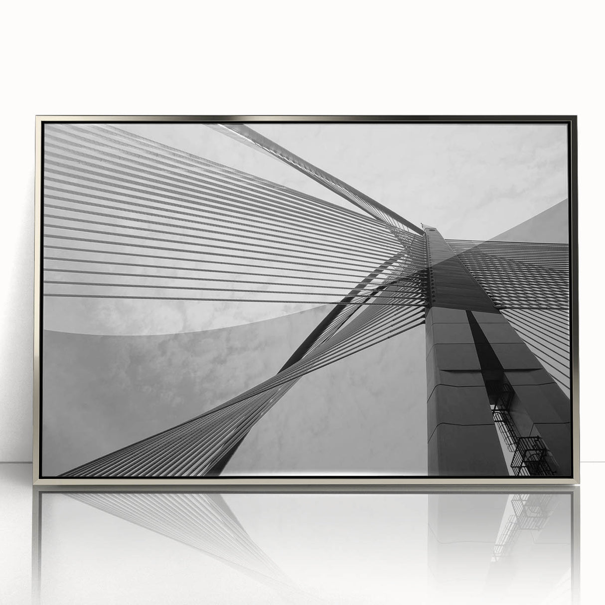 Art deco poster of abstract architecture in silver frame, with muted gray tones, ideal for modern art wall decor.