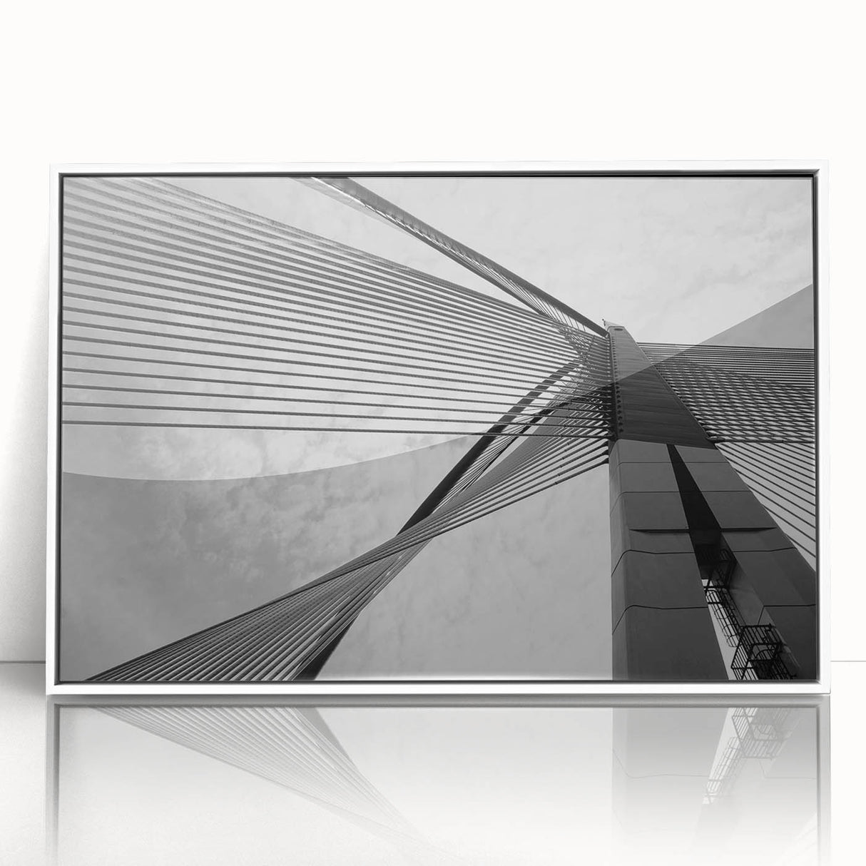 Mid-century modernist abstract architecture in black and white hues, framed acrylic print.