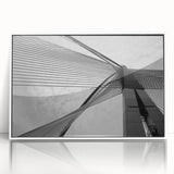 Mid-century modernist abstract architecture in black and white hues, framed acrylic print.