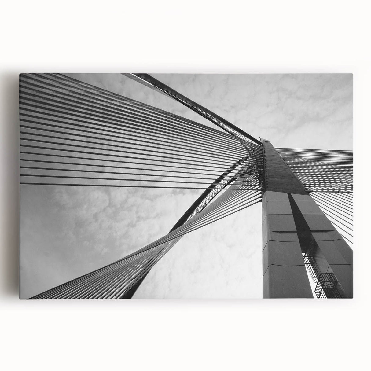 Large abstract black and white architectural design on stretched canvas, ideal for kitchen wall art.