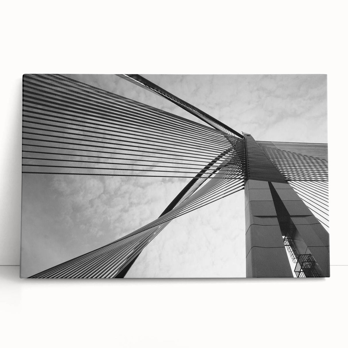Abstract black and white architectural design on a large stretched canvas, ideal for kitchen wall art or bedroom ambiance.