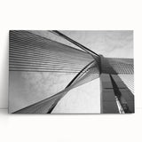Abstract black and white architectural design on a large stretched canvas, ideal for kitchen wall art or bedroom ambiance.