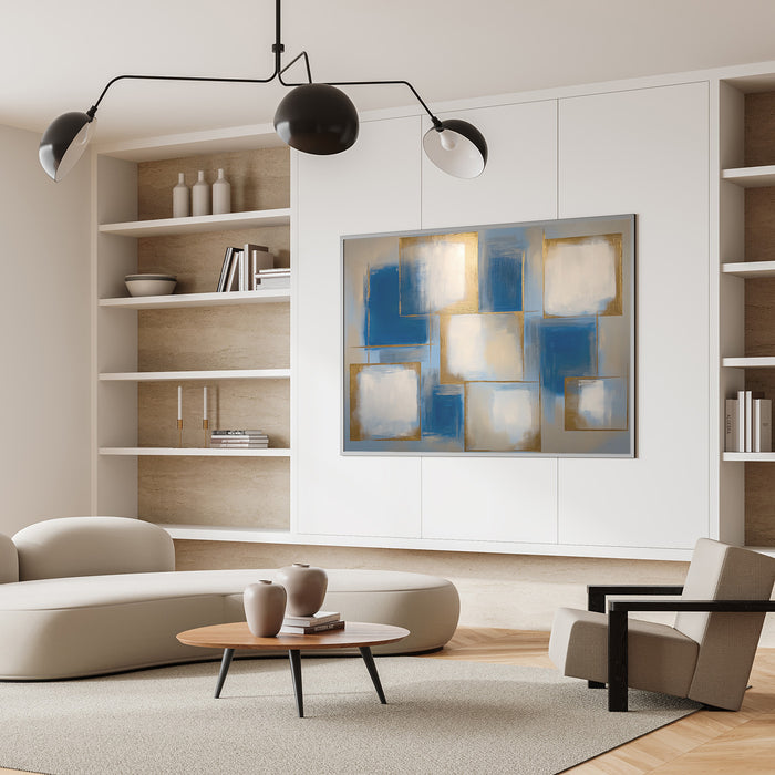 Bold abstract wall art with vibrant geometric patterns above a neutral modern living room
