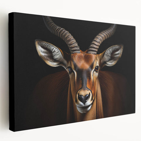 Side view of a stretched canvas featuring a striking antelope design in a vibrant color palette, perfect for wildlife-themed decor in homes or offices.