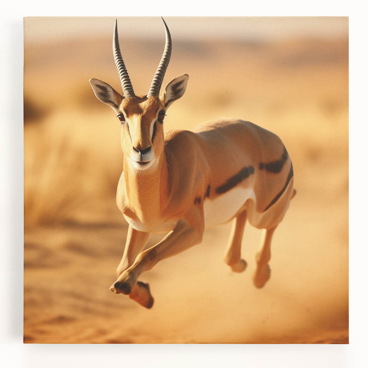 Stretched canvas depicting a vibrant antelope in a natural setting, showcasing intricate details and rich colors, perfect for wildlife-themed home decor.