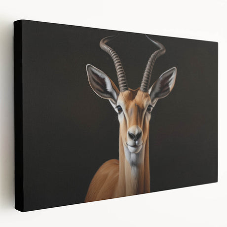 Side view of a stretched canvas wall art piece depicting a graceful antelope in a natural setting, showcasing vibrant colors and intricate details, ideal for wildlife enthusiasts.