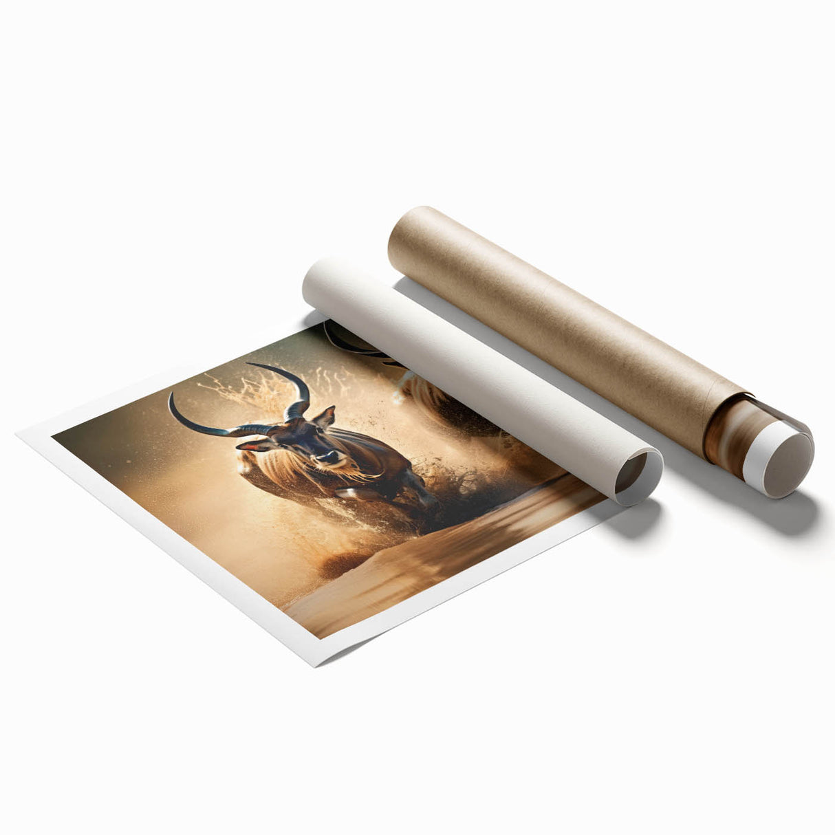 Antelope-themed wall art print showcasing vibrant colors and intricate details, designed for wildlife enthusiasts and art collectors, rolled for easy display and storage.