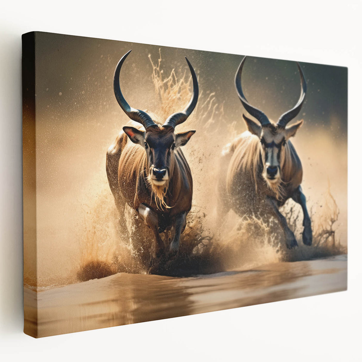 Antelope wall art design on stretched canvas, showcasing a side view of the graceful animal against a natural background, perfect for wildlife enthusiasts' decor.