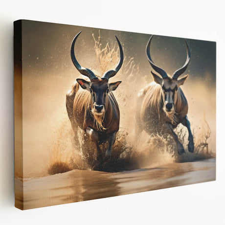 Antelope wall art design on stretched canvas, showcasing a side view of the graceful animal against a natural background, perfect for wildlife enthusiasts' decor.
