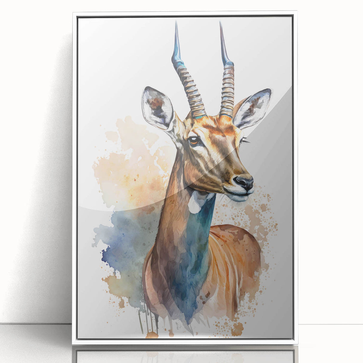Framed wall art featuring a striking antelope design, set in a white frame with a sleek acrylic front, perfect for adding a touch of wildlife elegance to any room.