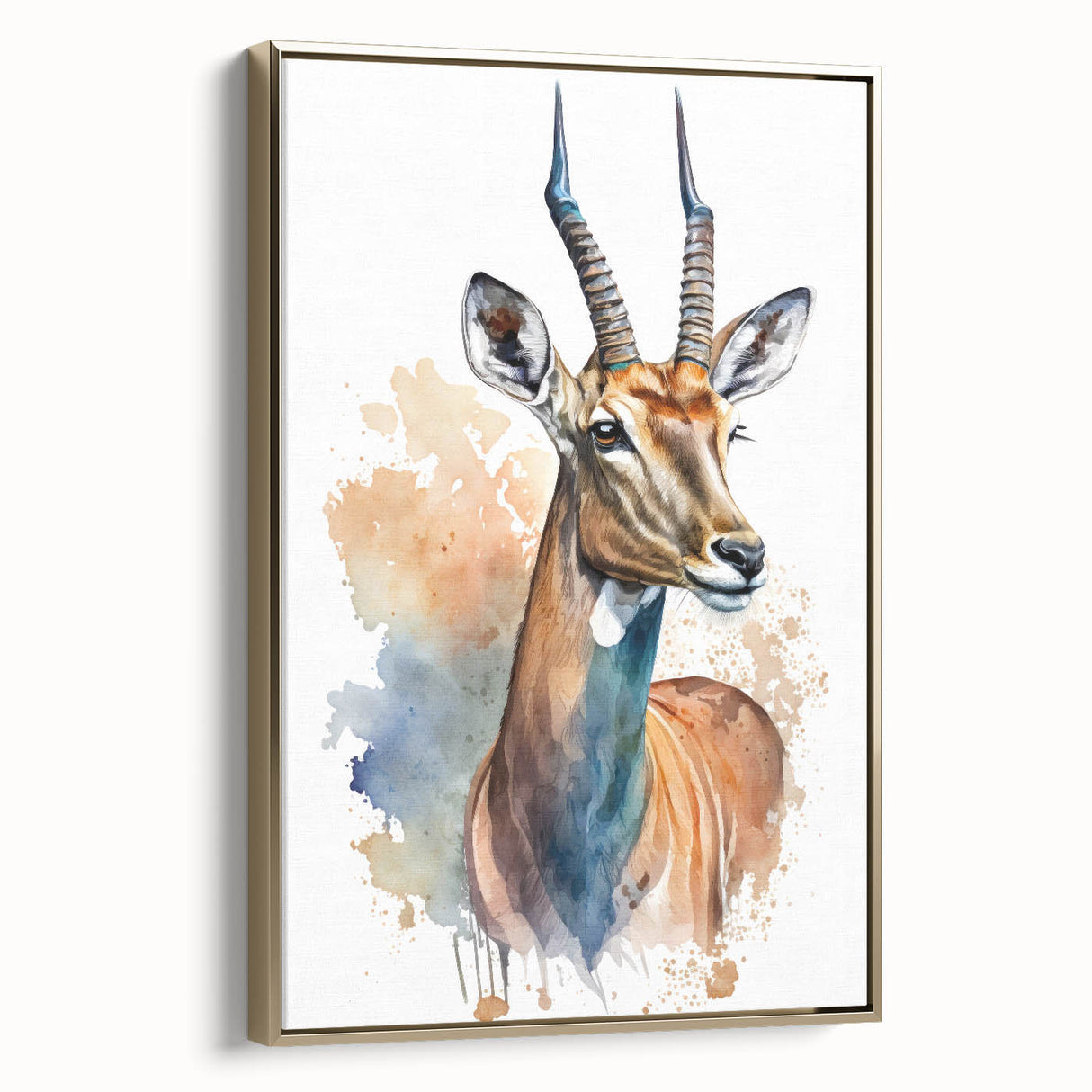 Framed canvas wall art showcasing a golden antelope design in profile, ideal for wildlife enthusiasts, enhancing home decor with its elegant aesthetic.