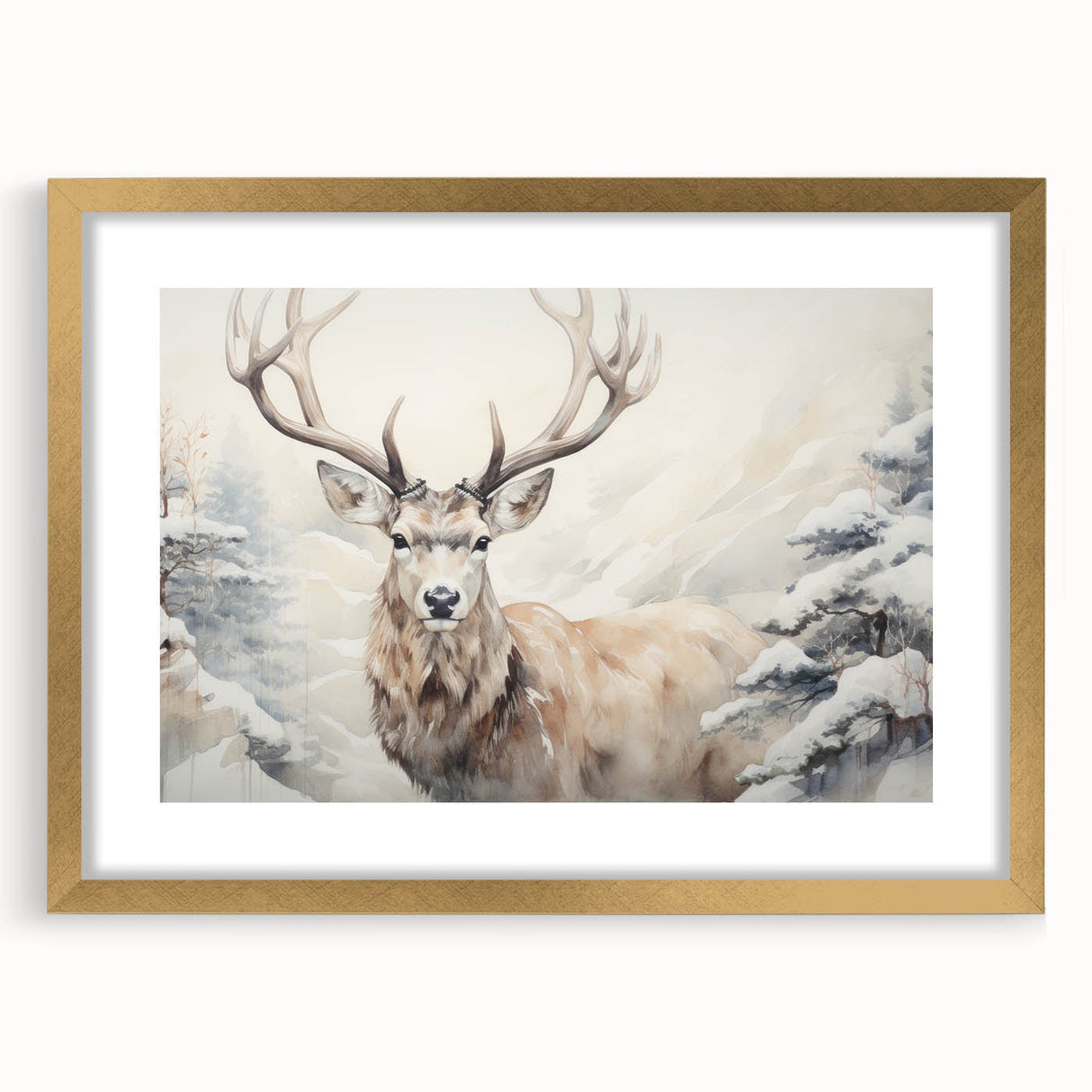 Antelope-themed wall art in a gold frame showcasing a striking wildlife design, featuring intricate details and a mat for an elegant presentation, perfect for home decor.
