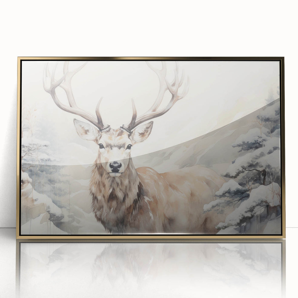 Framed wall art featuring a striking antelope design in gold and black, set against a minimalist background, ideal for enhancing modern decor.