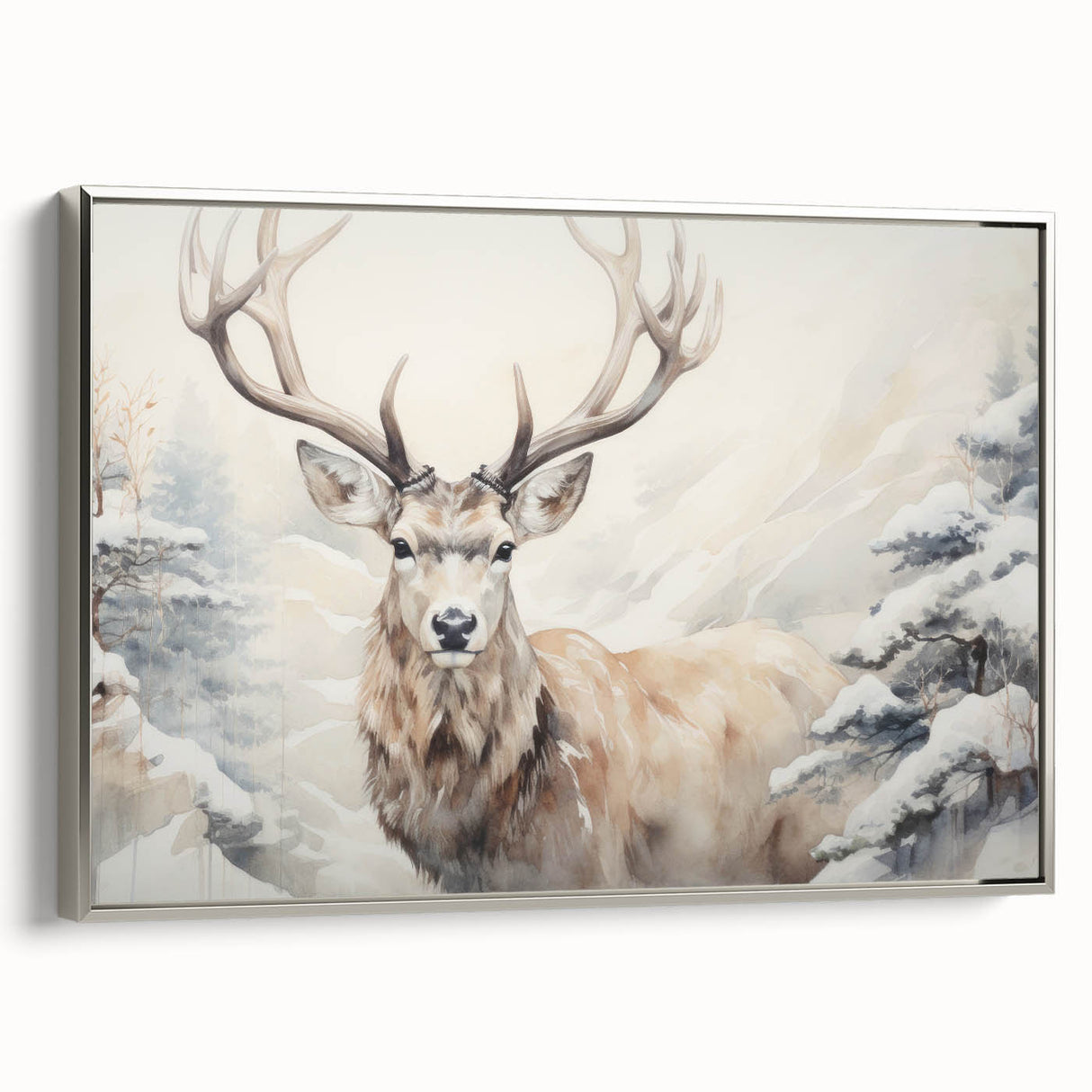 Framed wall art showcasing a silver-toned antelope design on canvas, highlighting intricate details and textures, perfect for wildlife enthusiasts and home decor.