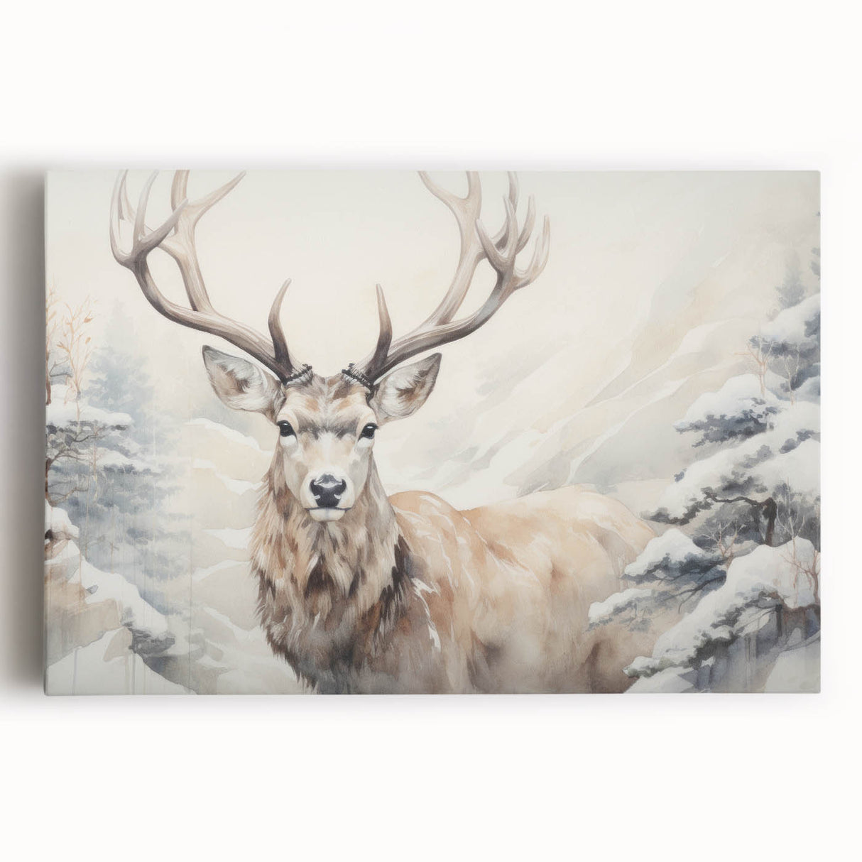 Front view of a stretched canvas featuring a vibrant antelope design in a wild landscape, showcasing earthy tones and intricate details, ideal for animal-themed decor.