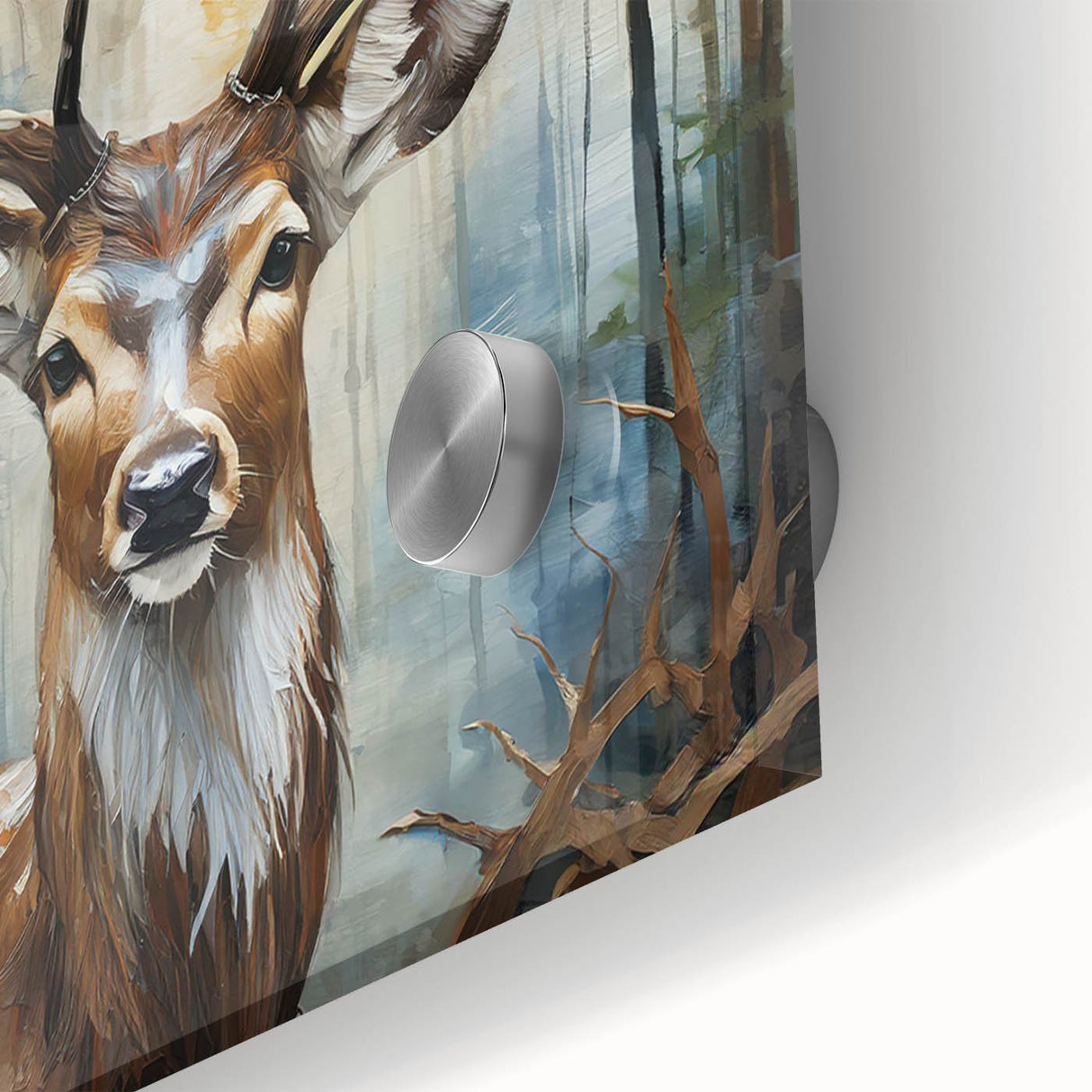 Close-up of a vibrant acrylic wall art piece showcasing a majestic antelope in a wild landscape, featuring rich colors and intricate details, perfect for nature lovers.