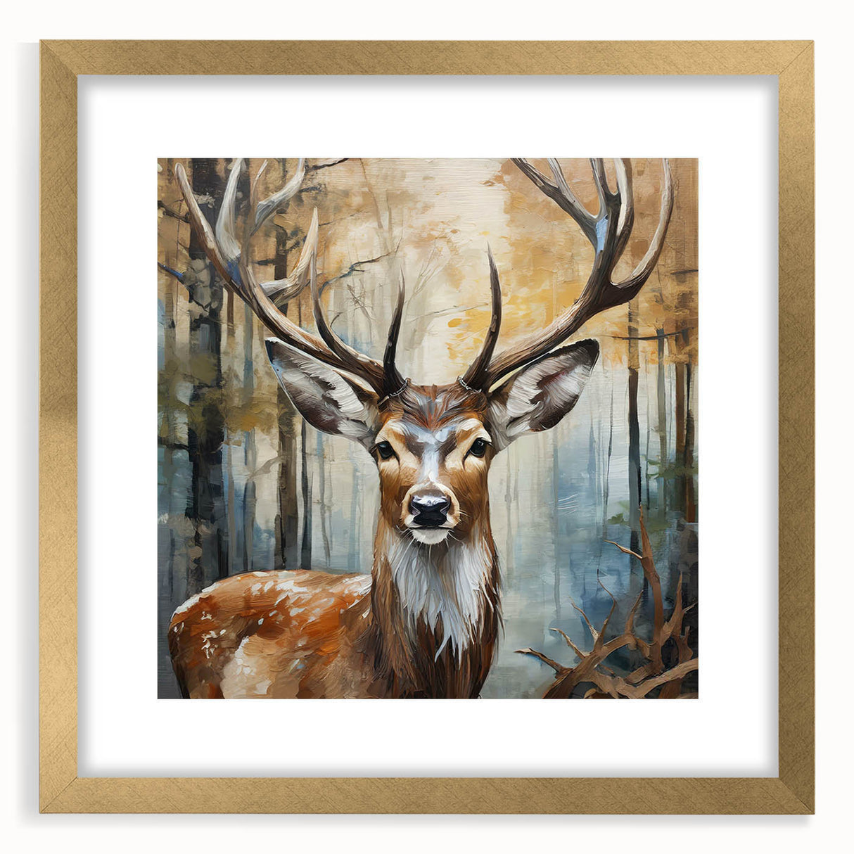 Elegant framed wall art featuring a golden-hued antelope design, set against a textured mat background, perfect for enhancing home decor with a wildlife theme.