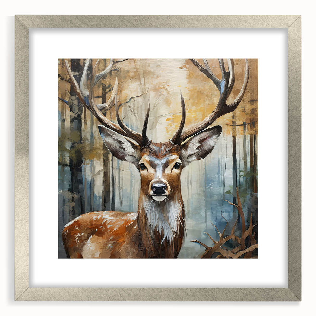 Framed wall art collection showcasing a silver mat and an elegant antelope design, ideal for enhancing modern home decor with a touch of wildlife elegance.