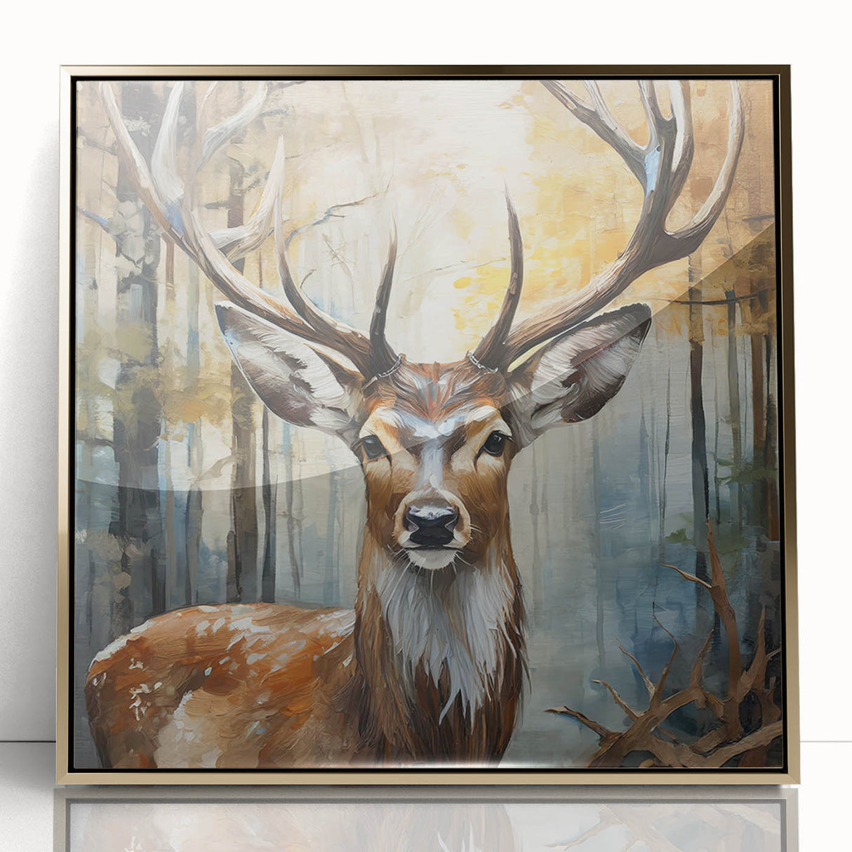 Framed wall art featuring an elegant antelope design, showcasing intricate details and a gold-acrylic finish, perfect for enhancing modern decor.
