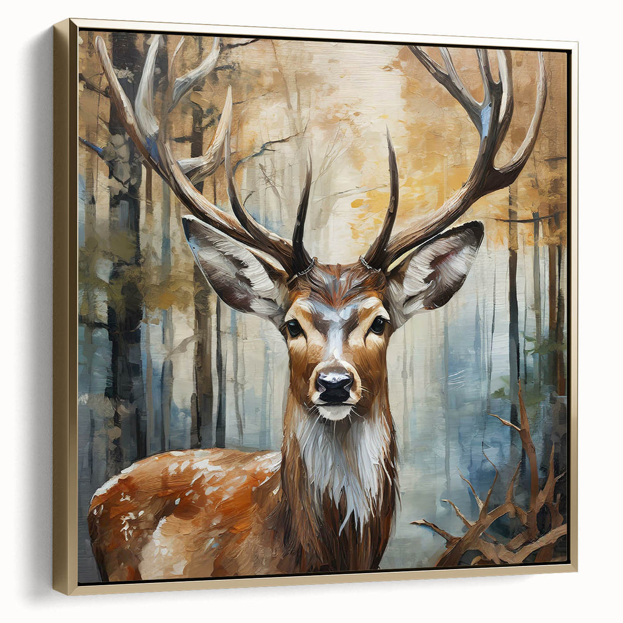 Framed canvas wall art depicting a majestic antelope in a natural setting, featuring gold accents and a textured surface, ideal for home decor and wildlife enthusiasts.