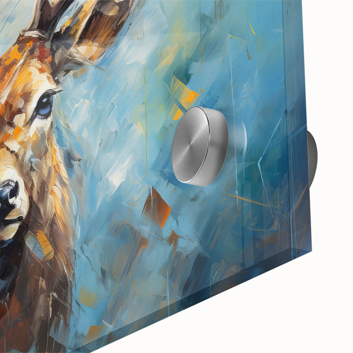 Close-up of a vibrant acrylic wall art piece depicting a majestic antelope in a wild landscape, showcasing rich colors and intricate details that enhance any room's decor.