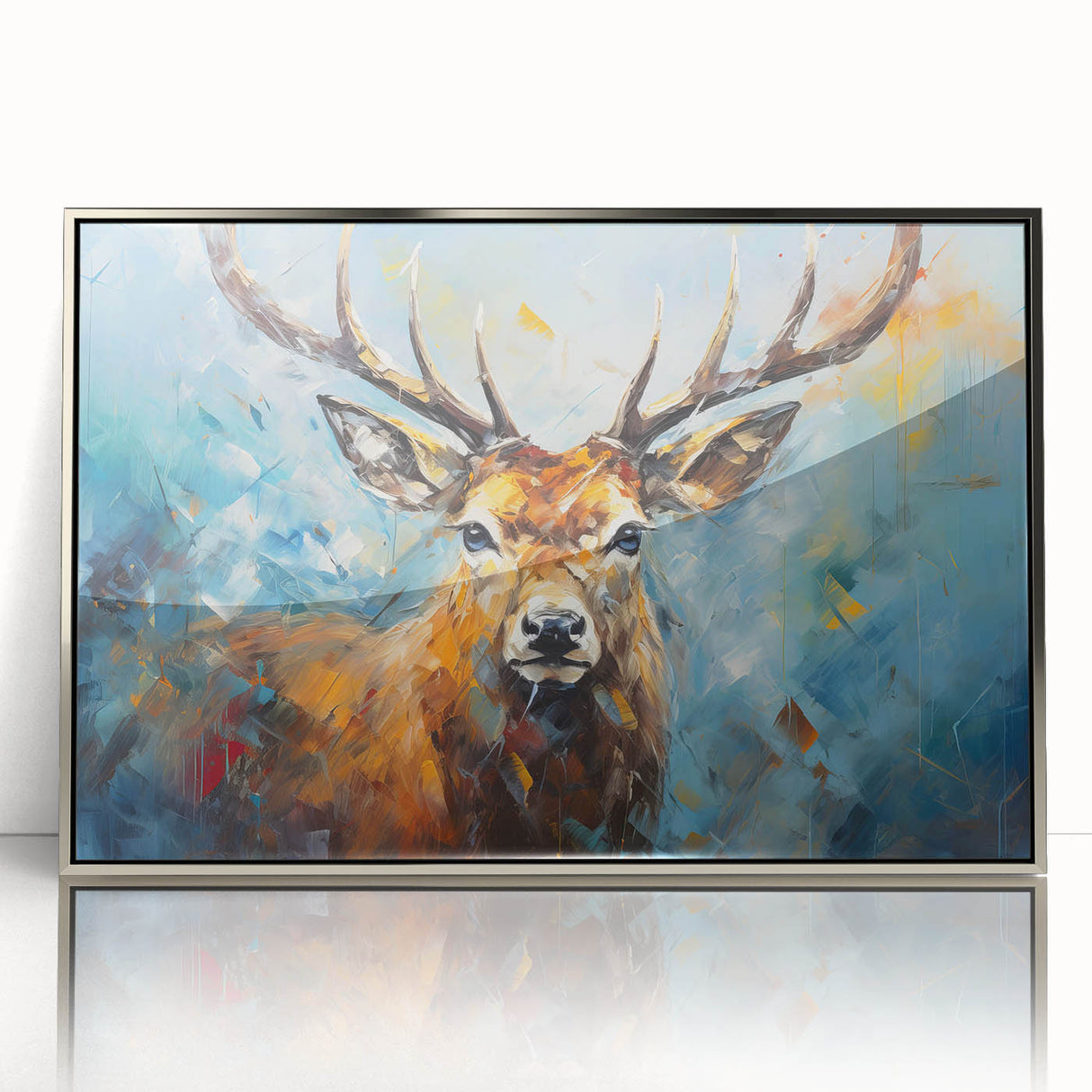 Framed wall art showcasing a striking antelope design in a silver-acrylic finish, perfect for adding a touch of wildlife elegance to modern decor.