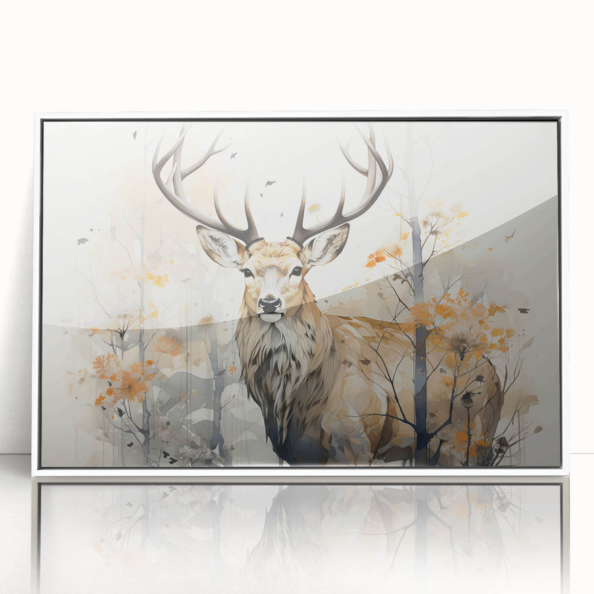 Framed wall art featuring a vibrant antelope design in a modern white frame, showcasing intricate details and colors, perfect for wildlife-themed decor.
