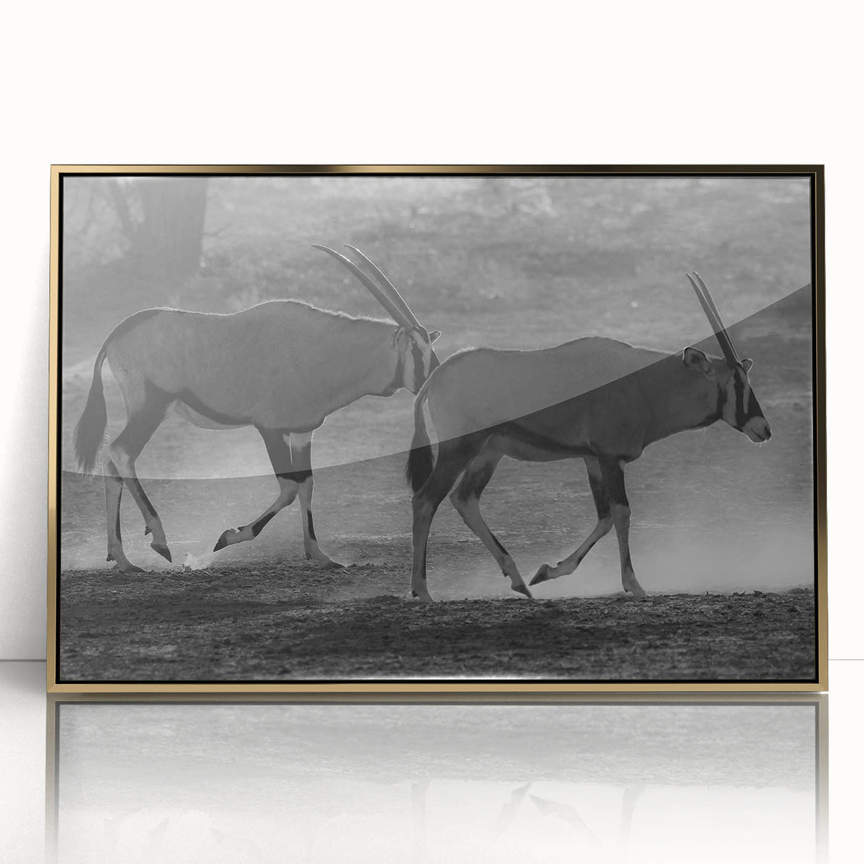 Framed wall art featuring a stunning antelope design against a gold background, showcasing intricate details and vibrant colors, perfect for wildlife enthusiasts.