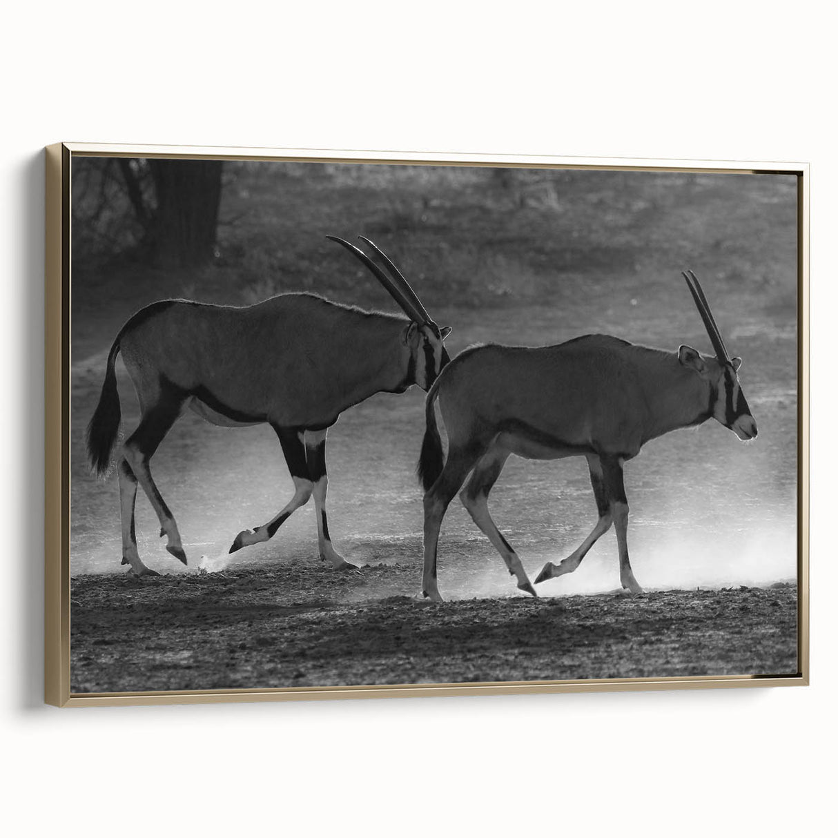 Framed wall art showcasing a striking gold antelope design on canvas, set against a textured background, perfect for adding a touch of elegance to any decor.