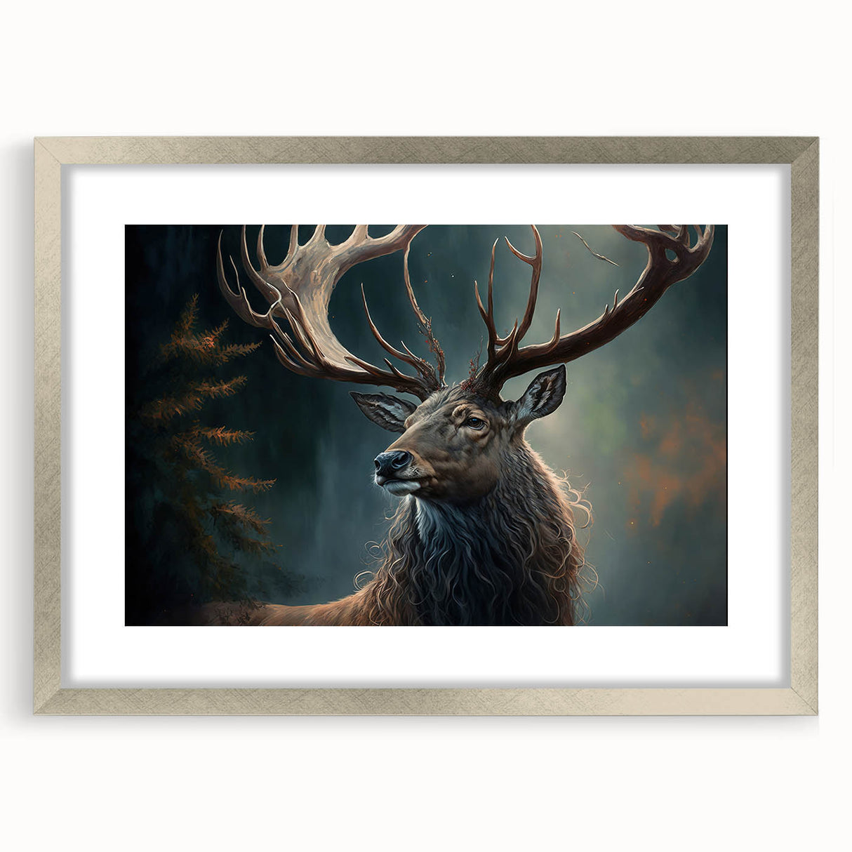 Framed wall art showcasing a striking antelope design in silver, featuring a modern matting that enhances its vibrant colors, perfect for wildlife enthusiasts.