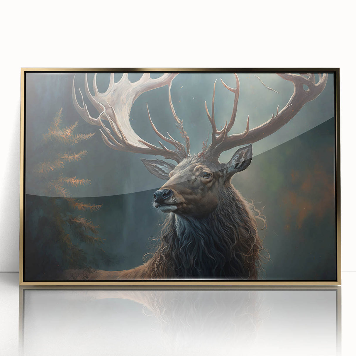 Framed wall art showcasing a striking antelope design in gold accents, set against a vibrant background, perfect for enhancing modern decor in living spaces.