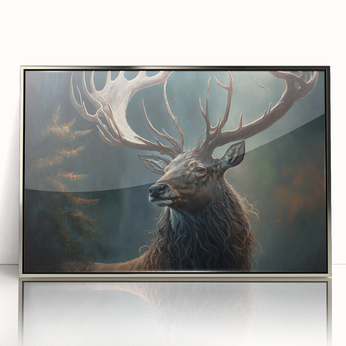Framed acrylic wall art featuring an elegant antelope design in shades of silver, showcasing a modern aesthetic perfect for wildlife enthusiasts and home decor.
