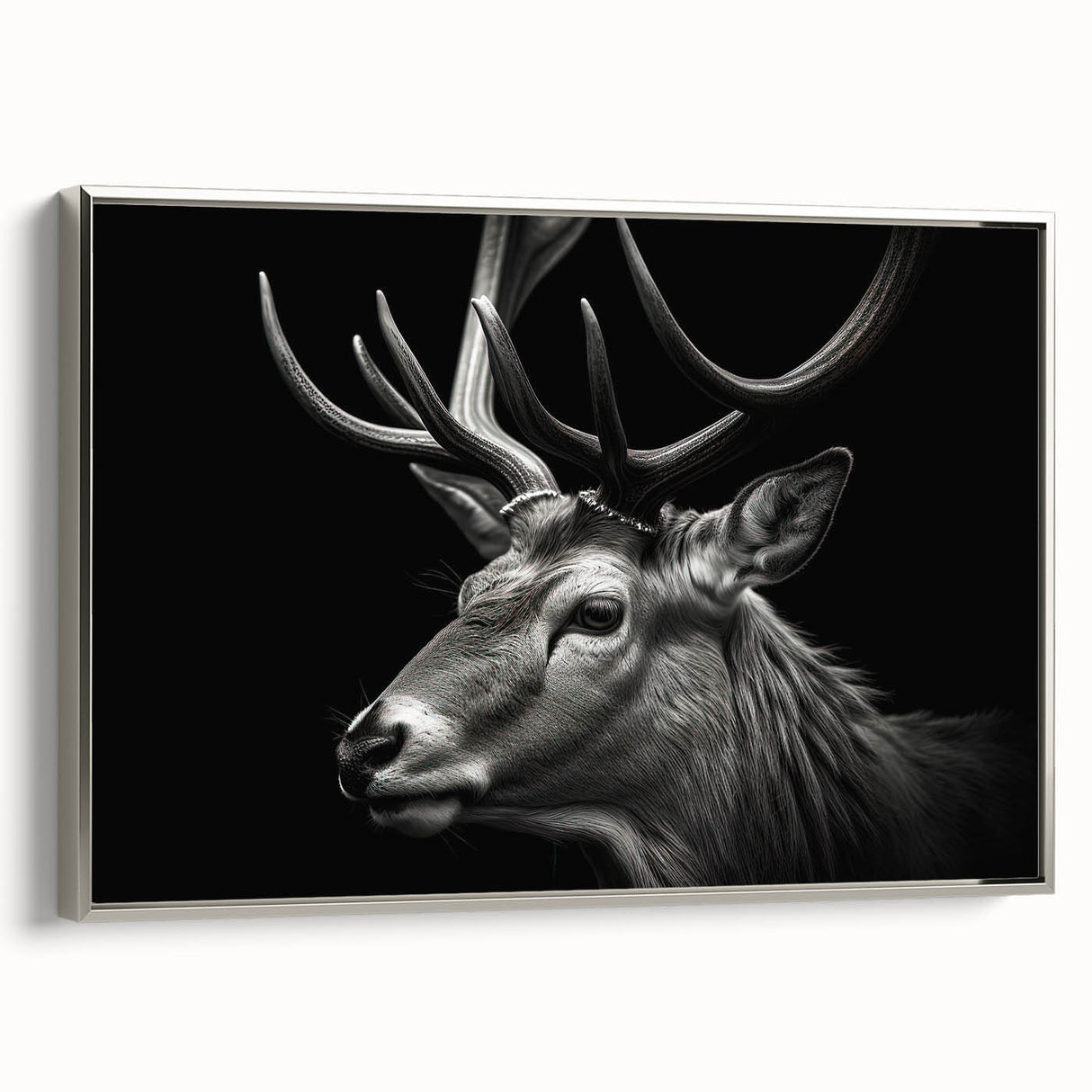 Framed wall art featuring a silver side view of an antelope design, capturing intricate details and textures, perfect for wildlife enthusiasts and home decor.