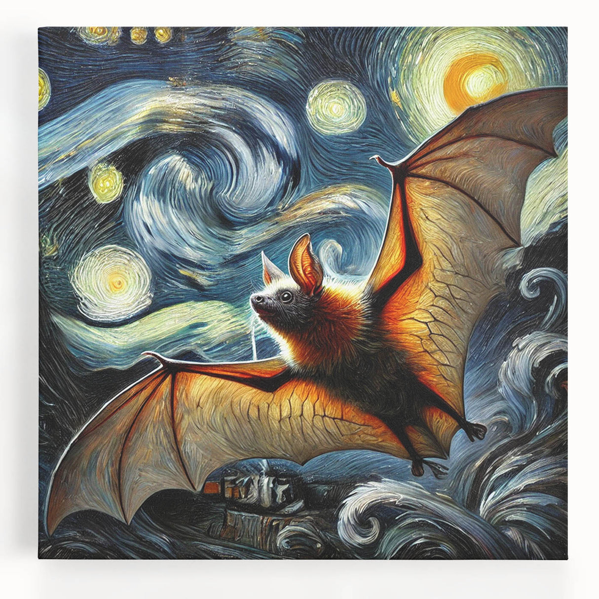 Stretched canvas wall art design showcasing a detailed bat illustration, featuring intricate patterns and vibrant colors, ideal for wildlife-themed decor.