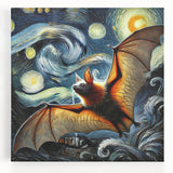 Stretched canvas wall art design showcasing a detailed bat illustration, featuring intricate patterns and vibrant colors, ideal for wildlife-themed decor.