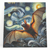 Stretched canvas wall art featuring a whimsical bat design with vibrant colors, perfect for adding a unique touch to animal-themed decor in any room.