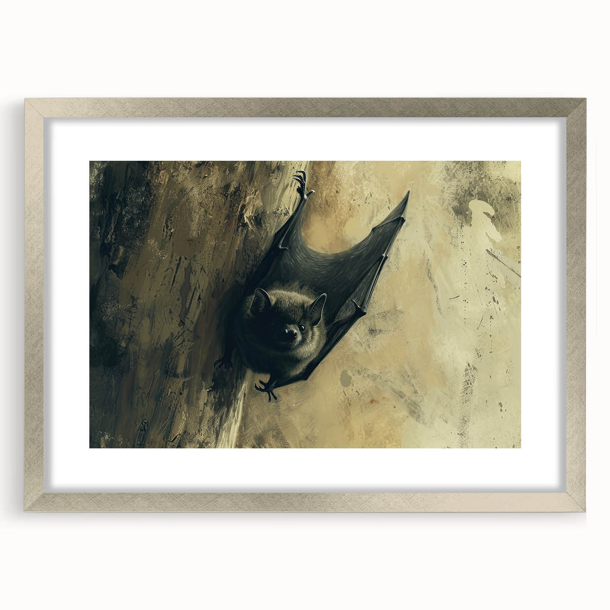 Framed wall art featuring a bat design from the Animals A Wild Life collection, showcasing intricate details and a silver frame, perfect for nature enthusiasts.