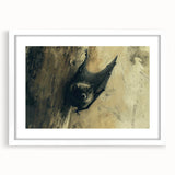 Framed wall art featuring a whimsical bat design in a white mat, ideal for wildlife enthusiasts. Perfect for home decor or a nature-themed gallery wall.