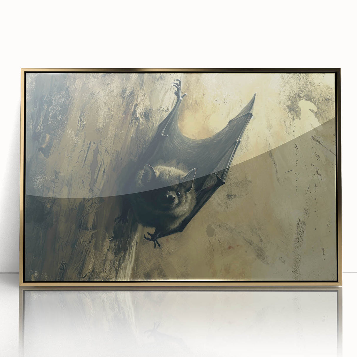 Framed wall art featuring a bat design in a gold acrylic frame, showcasing intricate details and vibrant colors, perfect for wildlife enthusiasts and modern decor.